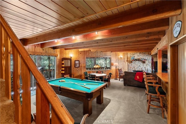 playroom with wood ceiling, wooden walls, billiards, carpet flooring, and beamed ceiling