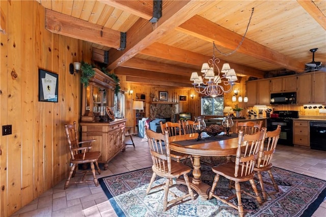 dining area with ceiling fan with notable chandelier, beam ceiling, wooden walls, and wooden ceiling