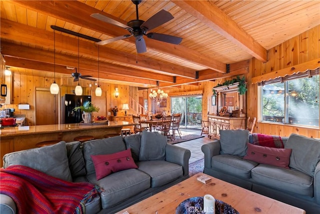 living room featuring wooden ceiling, a healthy amount of sunlight, wooden walls, and beamed ceiling