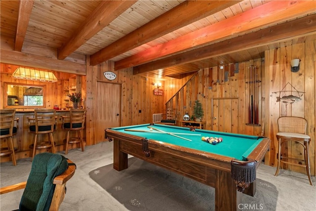 playroom featuring light colored carpet, pool table, and wood walls