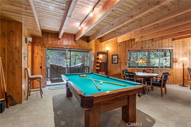 game room featuring track lighting, beam ceiling, plenty of natural light, and billiards