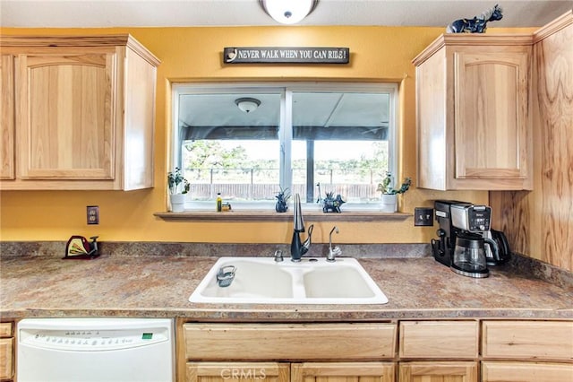 kitchen with dishwasher, light brown cabinets, and sink