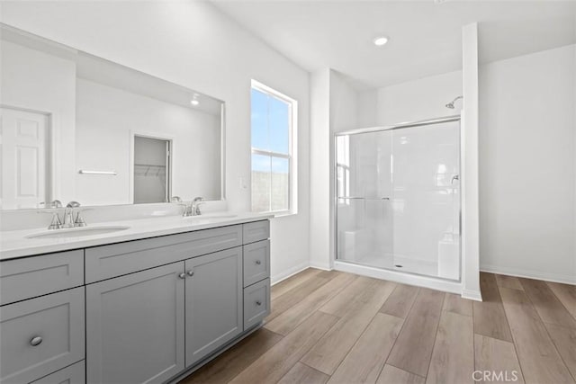 bathroom with hardwood / wood-style flooring, vanity, and an enclosed shower