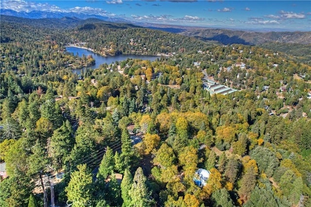 bird's eye view with a water and mountain view