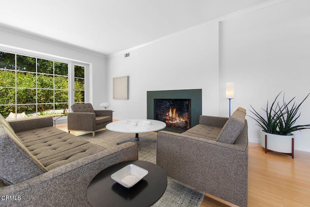 living room featuring ornamental molding and wood-type flooring