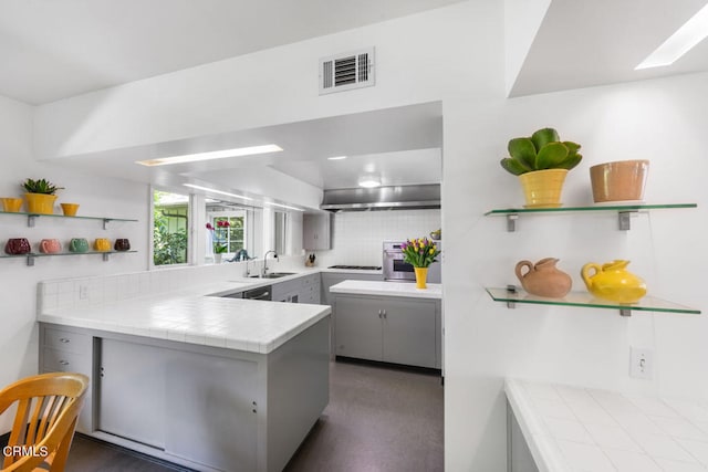 kitchen featuring gray cabinetry, tasteful backsplash, kitchen peninsula, and sink