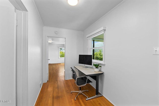 home office featuring hardwood / wood-style floors and crown molding