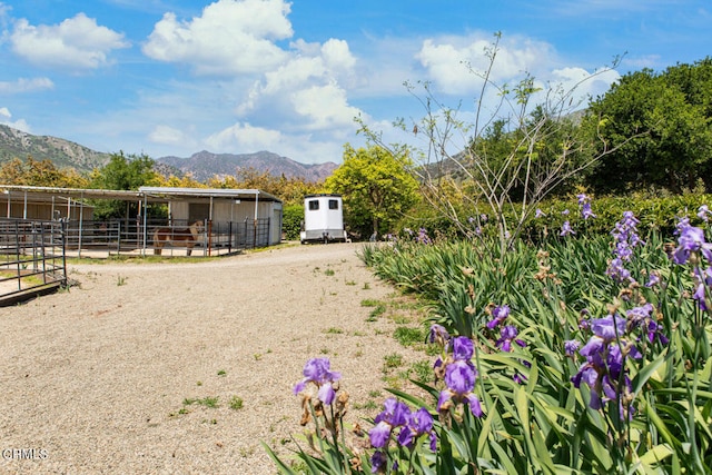 view of yard with a mountain view and an outdoor structure