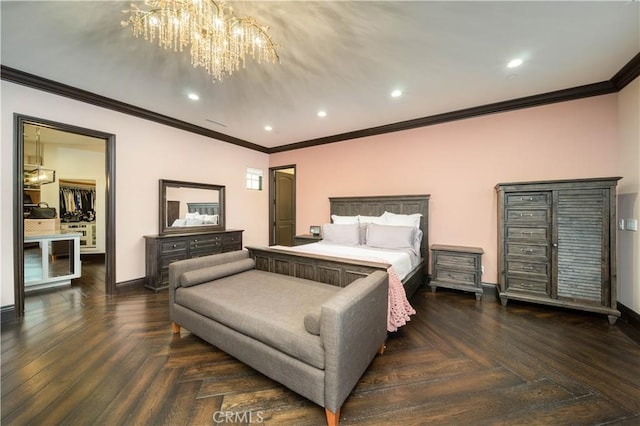 bedroom with an inviting chandelier, dark parquet flooring, and ornamental molding