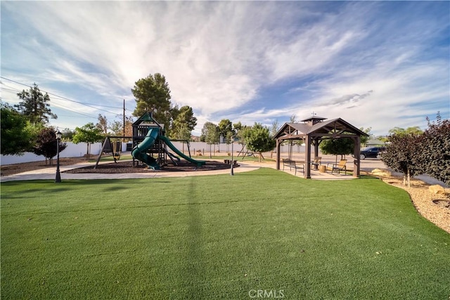 view of play area with a gazebo and a yard