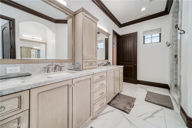 bathroom featuring vanity, crown molding, and a shower with shower door