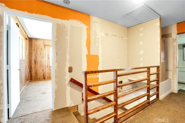 interior space featuring carpet floors, attic access, and wood walls