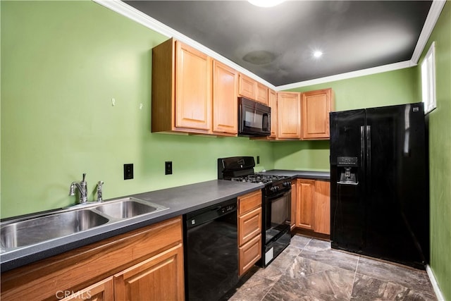 kitchen featuring black appliances, sink, ornamental molding, and tile flooring