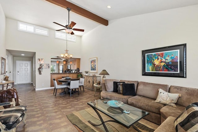 living room featuring high vaulted ceiling, beam ceiling, ceiling fan with notable chandelier, and a wealth of natural light