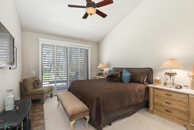 bedroom with access to outside, ceiling fan, lofted ceiling, and light colored carpet