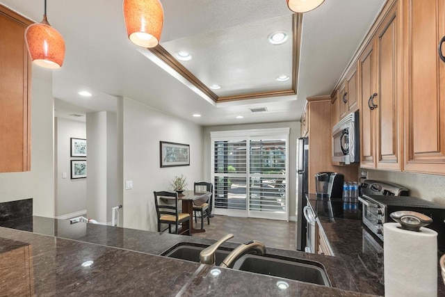 kitchen featuring kitchen peninsula, appliances with stainless steel finishes, a tray ceiling, sink, and decorative light fixtures