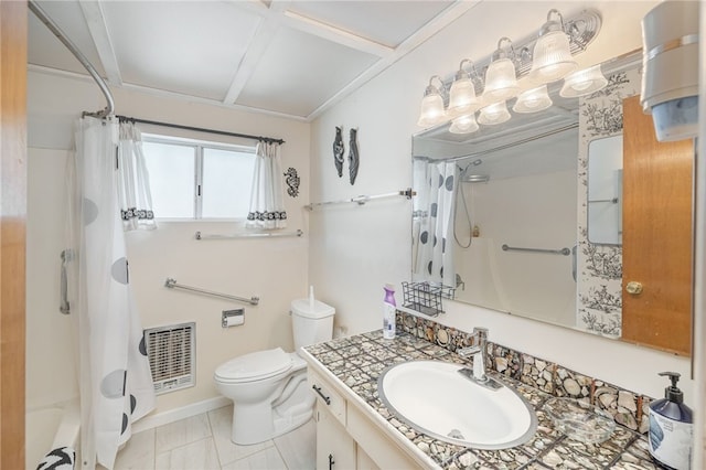 full bathroom featuring vanity, shower / bath combination with curtain, toilet, and heating unit