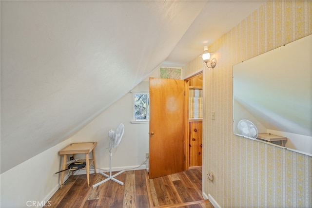 additional living space with vaulted ceiling and dark hardwood / wood-style floors