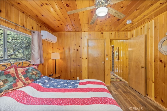 bedroom with a wall mounted air conditioner, hardwood / wood-style floors, wooden walls, and wood ceiling