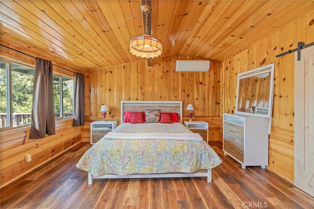 bedroom with wood walls, dark hardwood / wood-style flooring, and vaulted ceiling