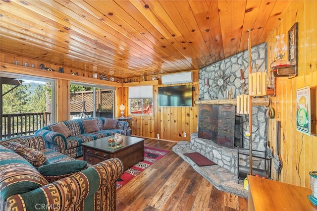 living room featuring wooden ceiling, dark hardwood / wood-style floors, plenty of natural light, and wooden walls