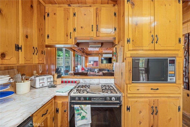 kitchen featuring wood walls and black appliances