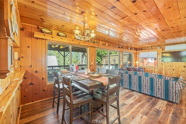 dining space featuring hardwood / wood-style floors, an AC wall unit, wooden walls, wood ceiling, and a chandelier