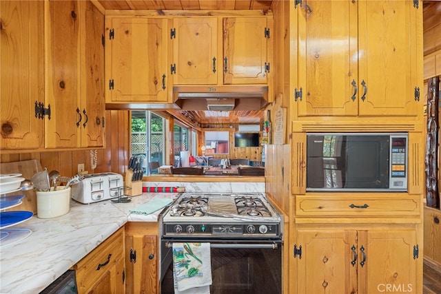 kitchen with wooden walls and black appliances