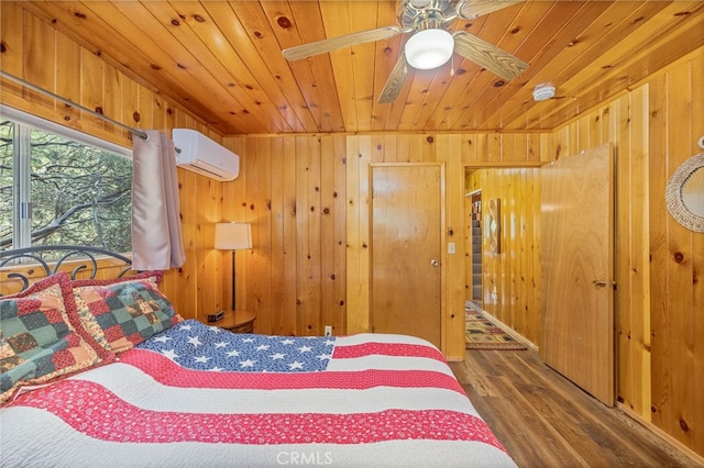 bedroom with wood walls, hardwood / wood-style floors, wood ceiling, and a wall mounted air conditioner