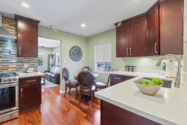 kitchen with tasteful backsplash, hardwood / wood-style floors, stainless steel stove, sink, and wall chimney exhaust hood