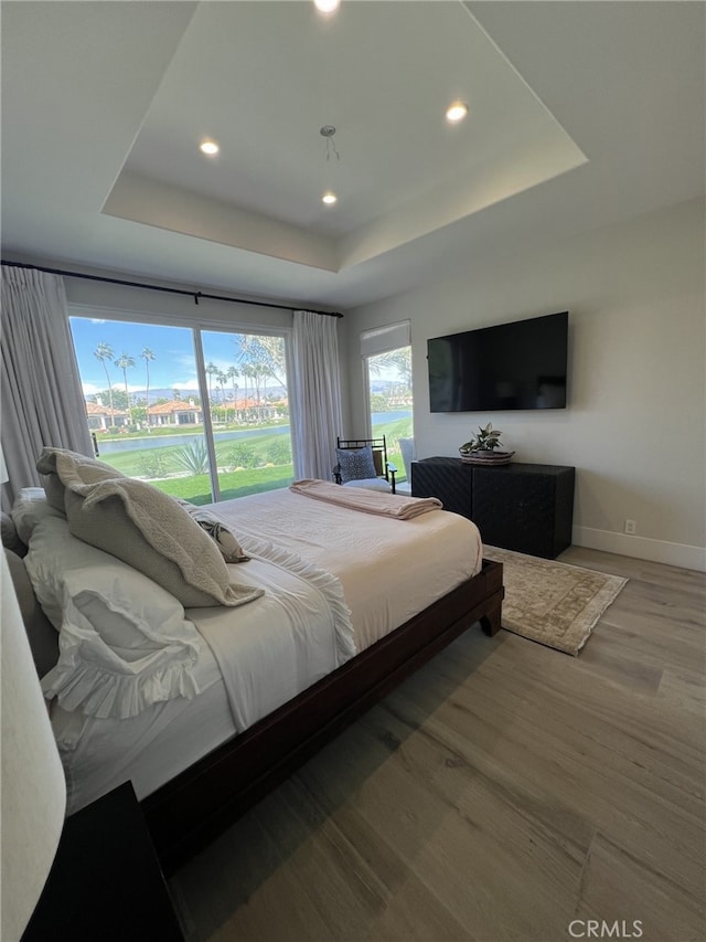 bedroom featuring a raised ceiling and light hardwood / wood-style flooring