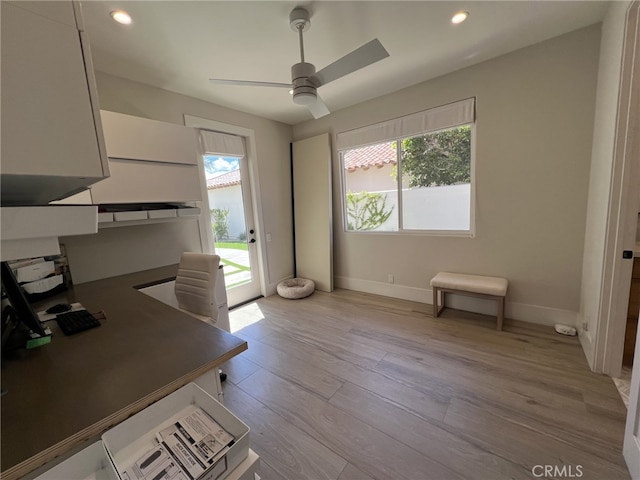 unfurnished office featuring ceiling fan and light wood-type flooring