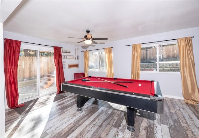 recreation room with ceiling fan, wood-type flooring, and pool table