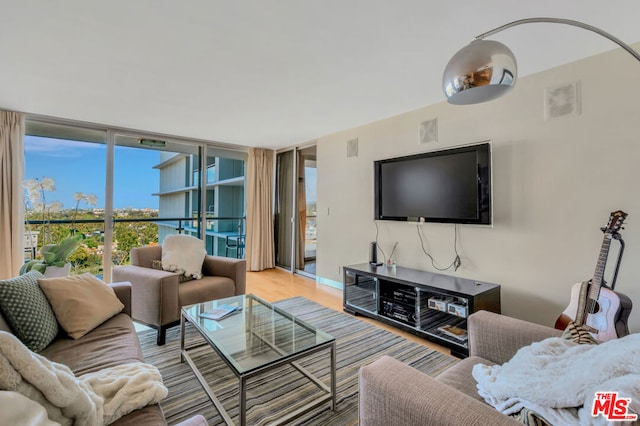 living room with hardwood / wood-style flooring and expansive windows