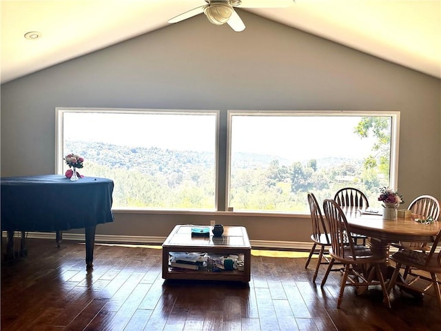 interior space with ceiling fan, a wealth of natural light, lofted ceiling, and dark hardwood / wood-style floors