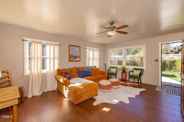 living room with ceiling fan and dark wood-type flooring