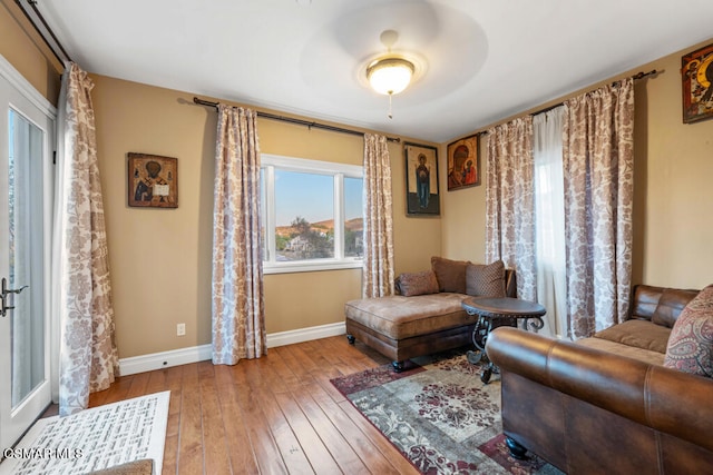 living room with ceiling fan and hardwood / wood-style floors