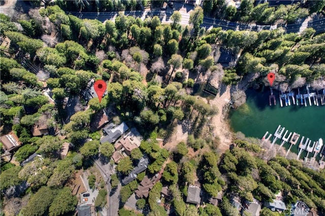 bird's eye view with a water view