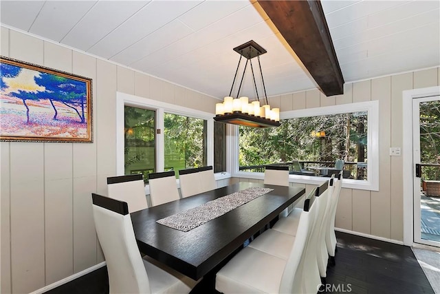 dining area featuring a wealth of natural light, wood walls, beamed ceiling, and dark hardwood / wood-style floors