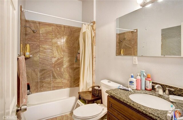 full bathroom with toilet, shower / bathtub combination with curtain, and vanity