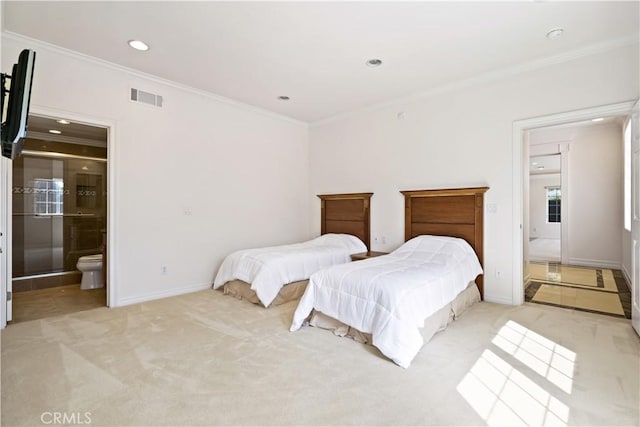 7264 W 88th Pl, Los Angeles, CA 90045 - bedroom featuring crown molding, light carpet, baseboards, recessed lighting, and connected bathroom