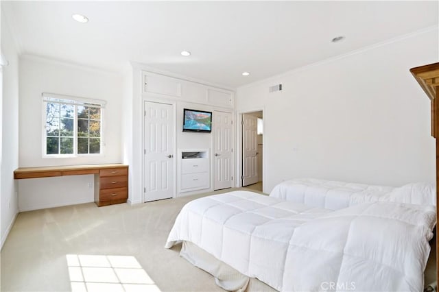 7264 W 88th Pl, Los Angeles, CA 90045 - bedroom featuring ornamental molding, light colored carpet, recessed lighting, and baseboards
