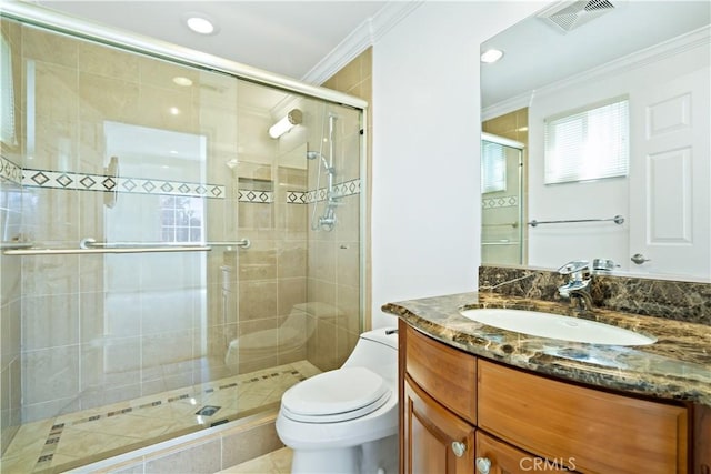 7264 W 88th Pl, Los Angeles, CA 90045 - full bathroom featuring crown molding, vanity, toilet, a shower stall, and recessed lighting