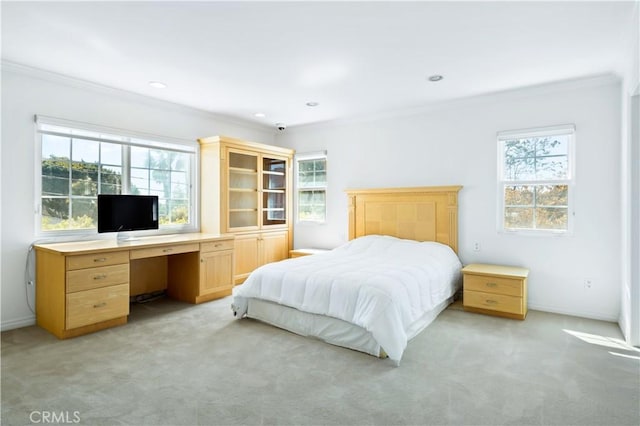7264 W 88th Pl, Los Angeles, CA 90045 - bedroom with crown molding, light colored carpet, an office area, and recessed lighting