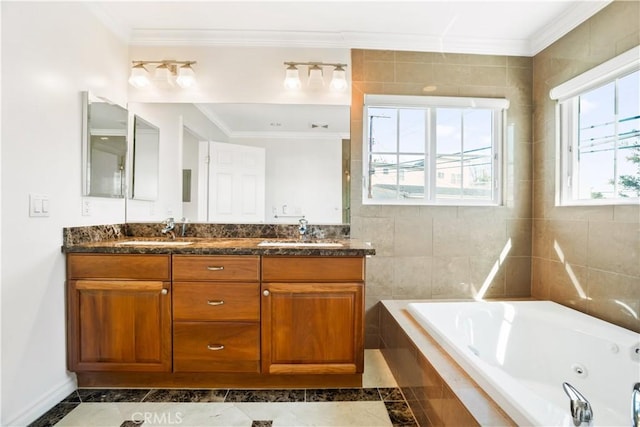 7264 W 88th Pl, Los Angeles, CA 90045 - bathroom with a whirlpool tub, double vanity, and crown molding