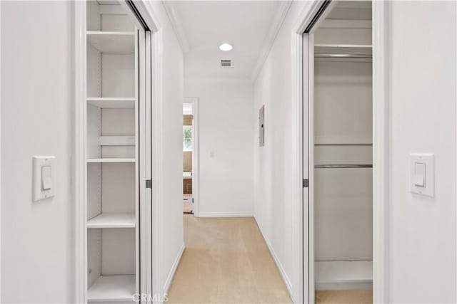 7264 W 88th Pl, Los Angeles, CA 90045 - hallway featuring light colored carpet, ornamental molding, and baseboards