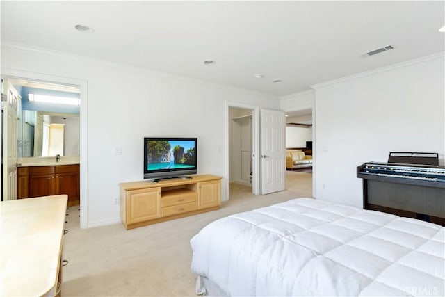 7264 W 88th Pl, Los Angeles, CA 90045 - bedroom featuring ornamental molding, light carpet, and connected bathroom