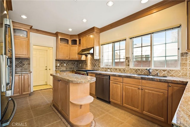 7264 W 88th Pl, Los Angeles, CA 90045 - kitchen featuring stainless steel dishwasher, a sink, under cabinet range hood, tile patterned floors, and recessed lighting