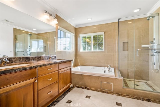 7264 W 88th Pl, Los Angeles, CA 90045 - bathroom with a stall shower, double vanity, a bath, crown molding, and tile patterned flooring