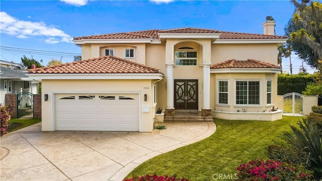7264 W 88th Pl, Los Angeles, CA 90045 - mediterranean / spanish-style home with a gate, concrete driveway, a garage, a tiled roof, and stucco siding